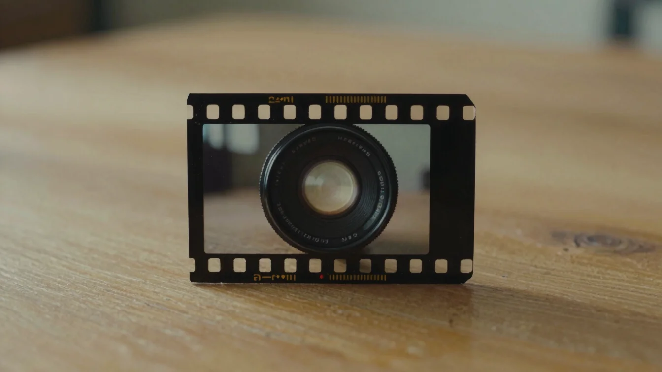 Close-up bingkai foto film 35mm di atas permukaan kayu hangat, te