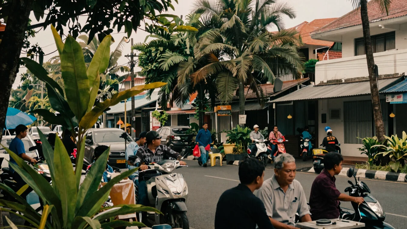 Jalan kota Indonesia di sore hari dengan vegetasi tropis dan cahaya lembap, penonton dan pekerja lokal tampil wajar