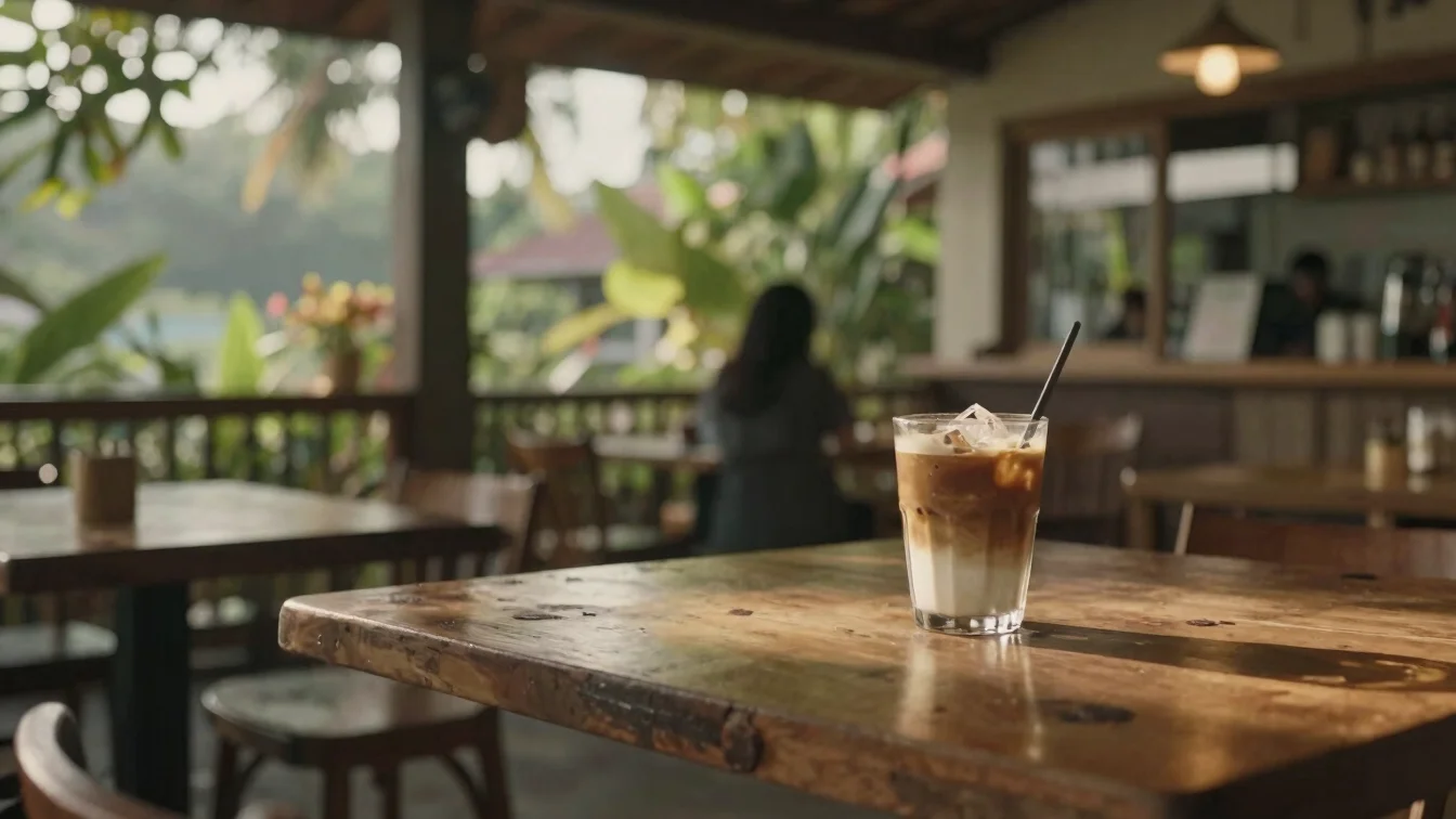 Warung kopi sederhana di pagi hari dengan cahaya siang tropis, suasana hangat, framing lebar dengan ruang teks